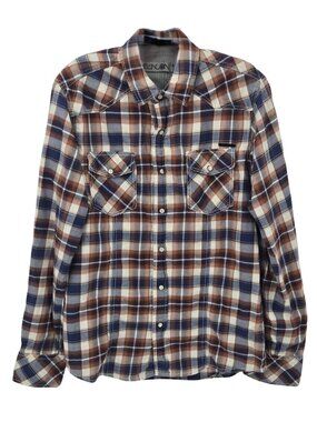 Deacon Mens M Western Pearl Snap Shirt Plaid 100% Cotton Brown Blue Cowboy